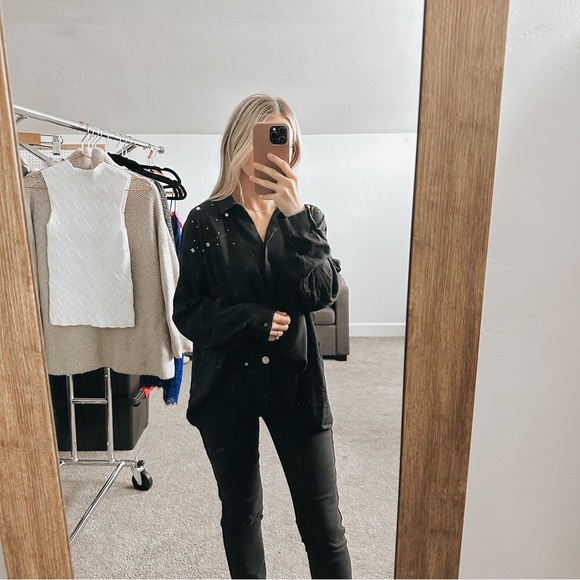 Zara Tops - ZARA | Black Jeweled Shoulder Button Blouse